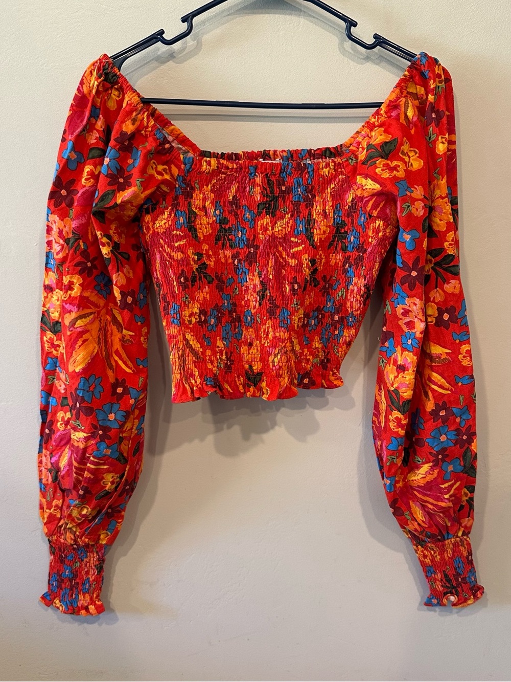 Maison d'Amli Red Multicolor Floral Square Neck Smocked Puff Sleeve Crop M
